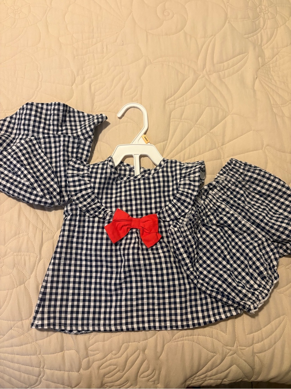 Carter's Black and White Gingham Top, Bloomers and Hat with Red Bow Accent